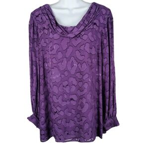 Purple Burnout Leopard Print Cowl Neck Blouse Long Sleeve Sheer Lined Top goth